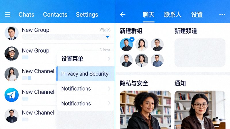 安卓版Telegram应用内汉化包应用成功后的中文界面对比