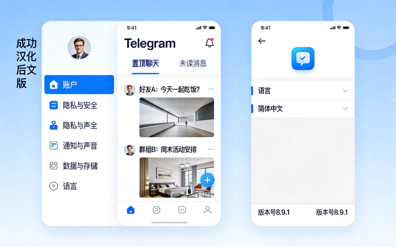 成功汉化后的Telegram中文版主界面和设置菜单截图