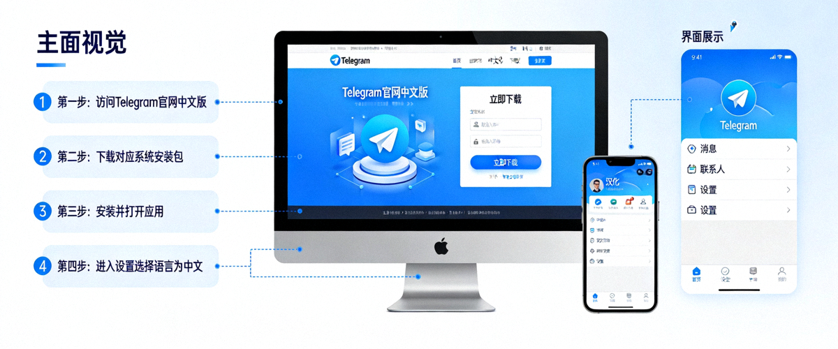 电报Telegram官网中文版下载及汉化步骤详解主视觉图 - 电脑与手机界面展示