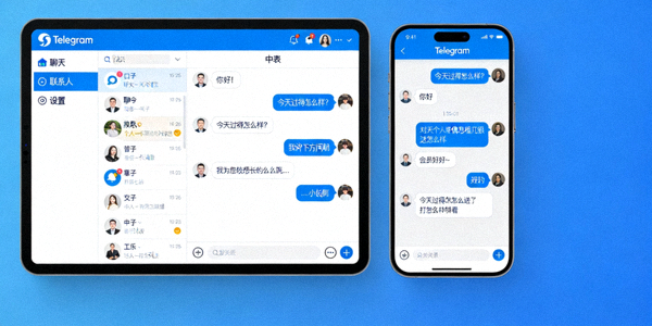 电脑桌面与手机屏幕同时展示Telegram客户端中文版界面对比图