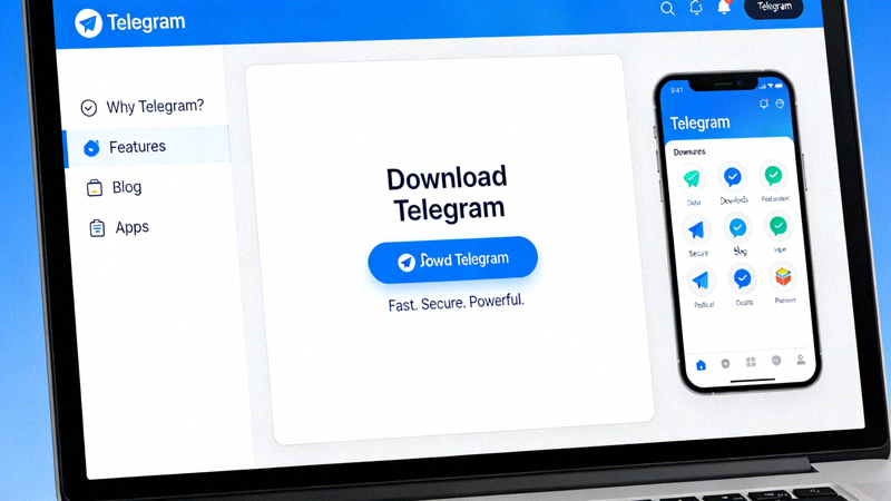 Telegram官方网站首页截图：显示下载按钮和简洁的界面设计