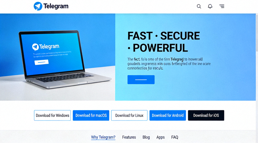 Telegram官方网站首页截图，展示下载按钮位置与界面布局