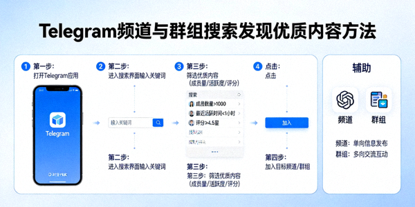 Telegram频道与群组搜索发现优质内容的方法示意图