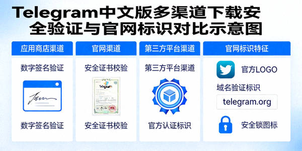 Telegram中文版多渠道下载安全验证与官网标识对比示意图