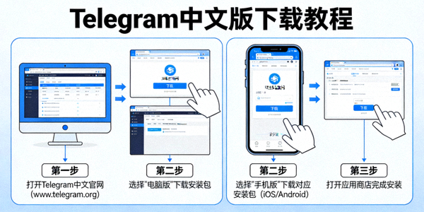 Telegram中文版下载教程：电脑与手机端官网下载步骤示意图