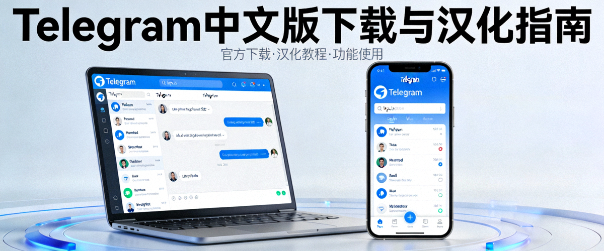 Telegram中文版下载与汉化指南主视觉图：电脑与手机屏幕显示中文界面