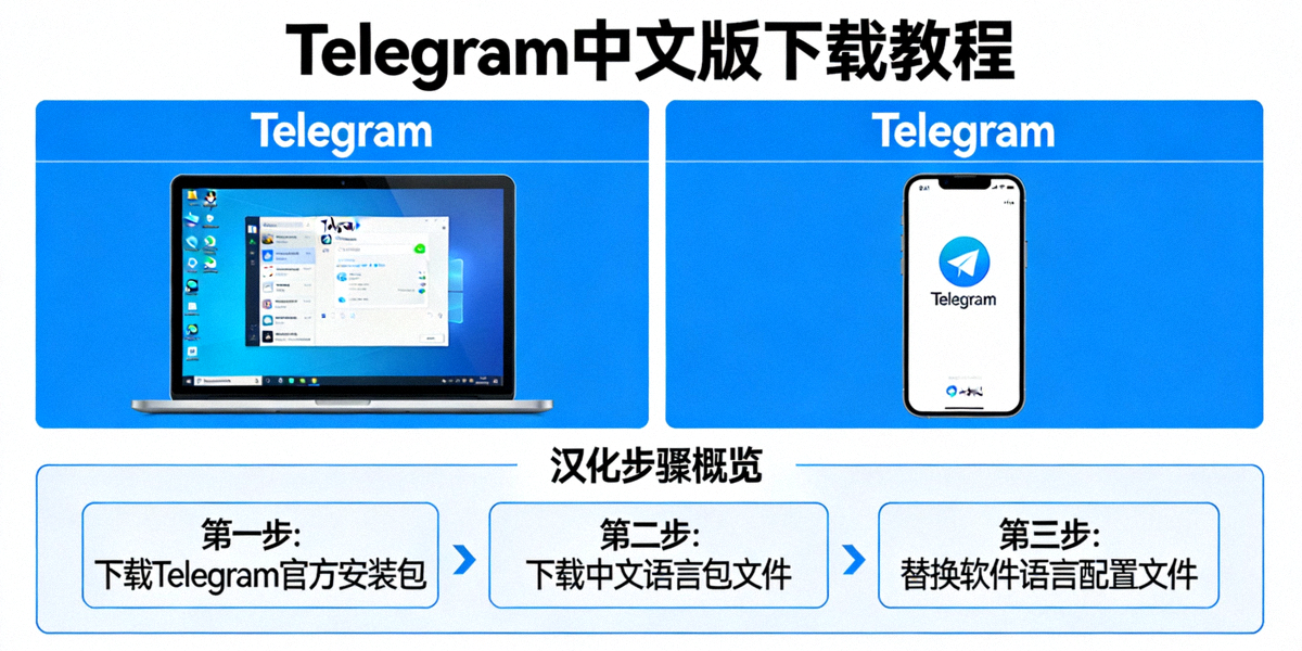 Telegram中文版下载教程主图：电脑与手机端界面展示及汉化步骤概览