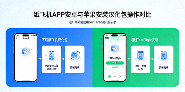 纸飞机APP在安卓手机与苹果iPhone上安装汉化包的界面操作对比图